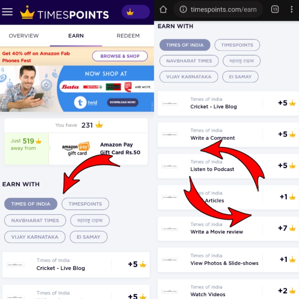 Self Earning in Times Points